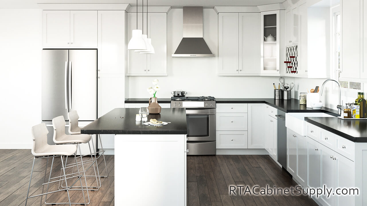 Victoria White Shaker kitchen full view with an island, wall and base cabinets.