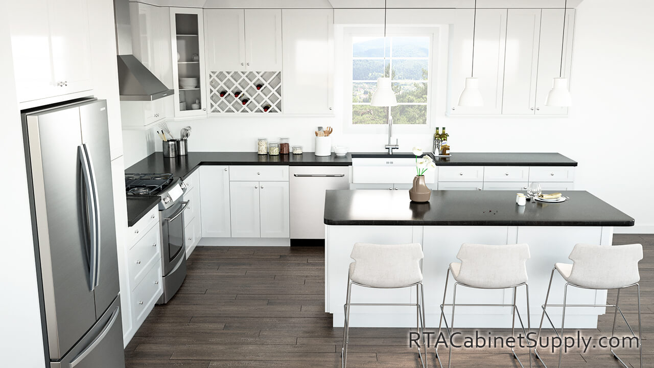 Victoria White Shaker kitchen full view with an island, wine rack cabinet, wall and base cabinets.