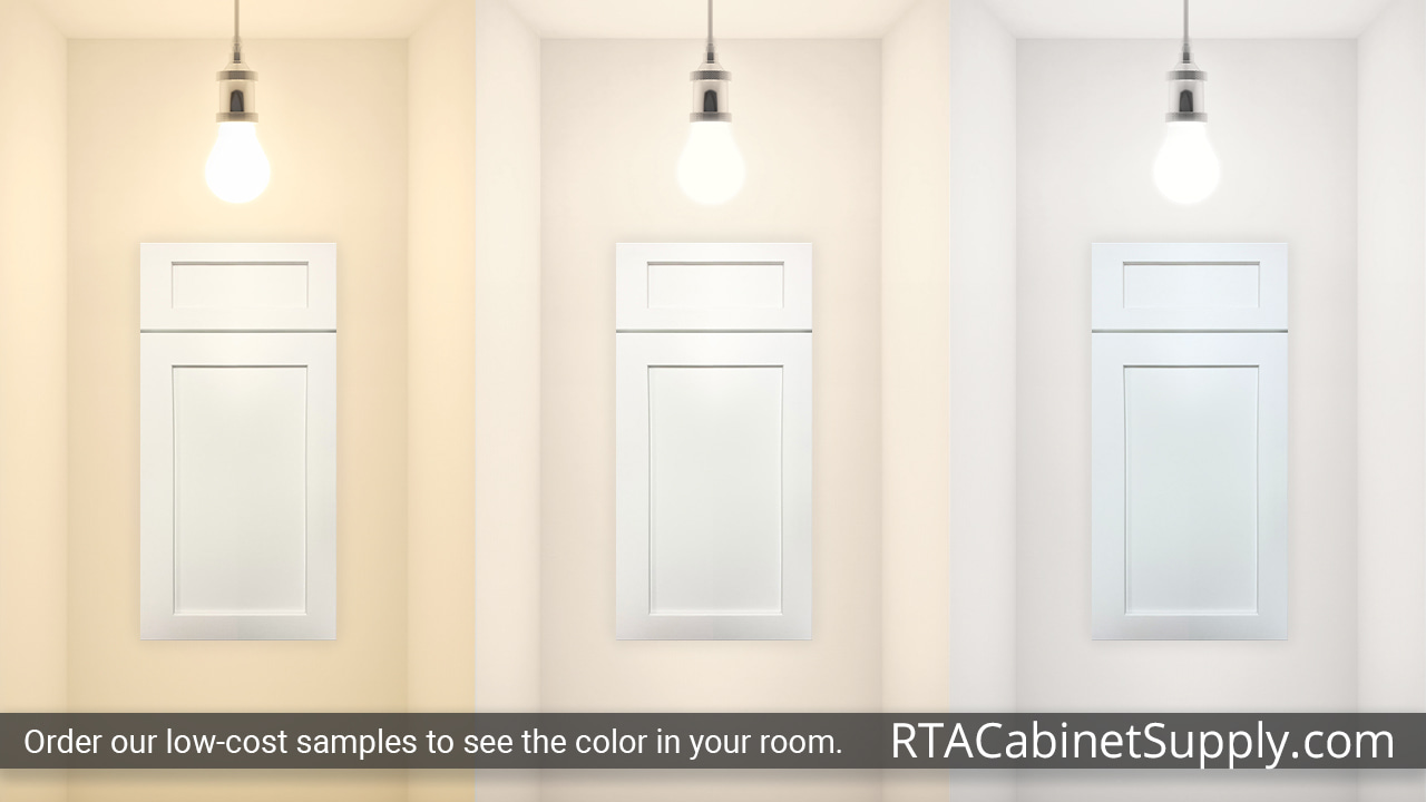 Victoria White Shaker cabinet door under different light.