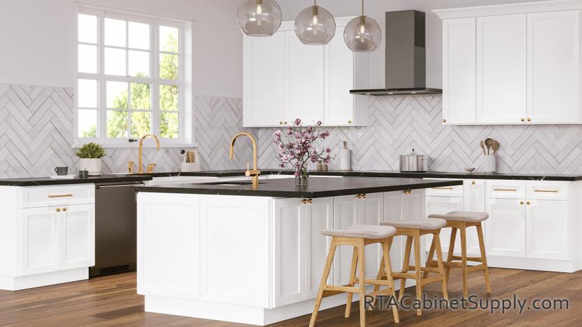 Victoria White Shaker kitchen angle view with an island.