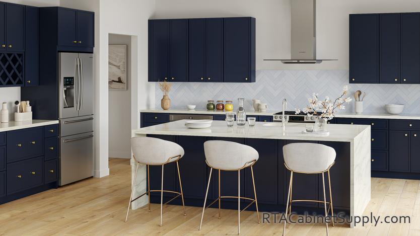York Slim Blue Shaker kitchen angle view with an island.