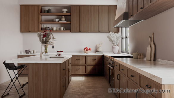York Slim Brown Shaker kitchen full view with an island.