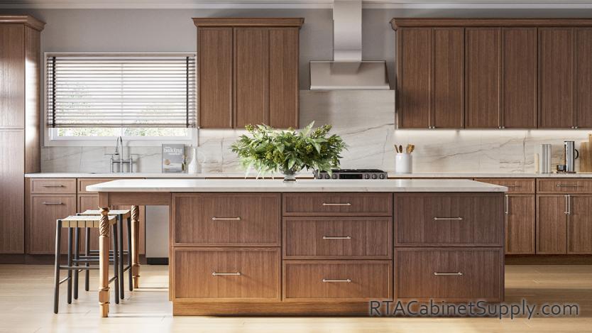 York Slim Brown Shaker kitchen angle view with an island and drawer base cabinets.