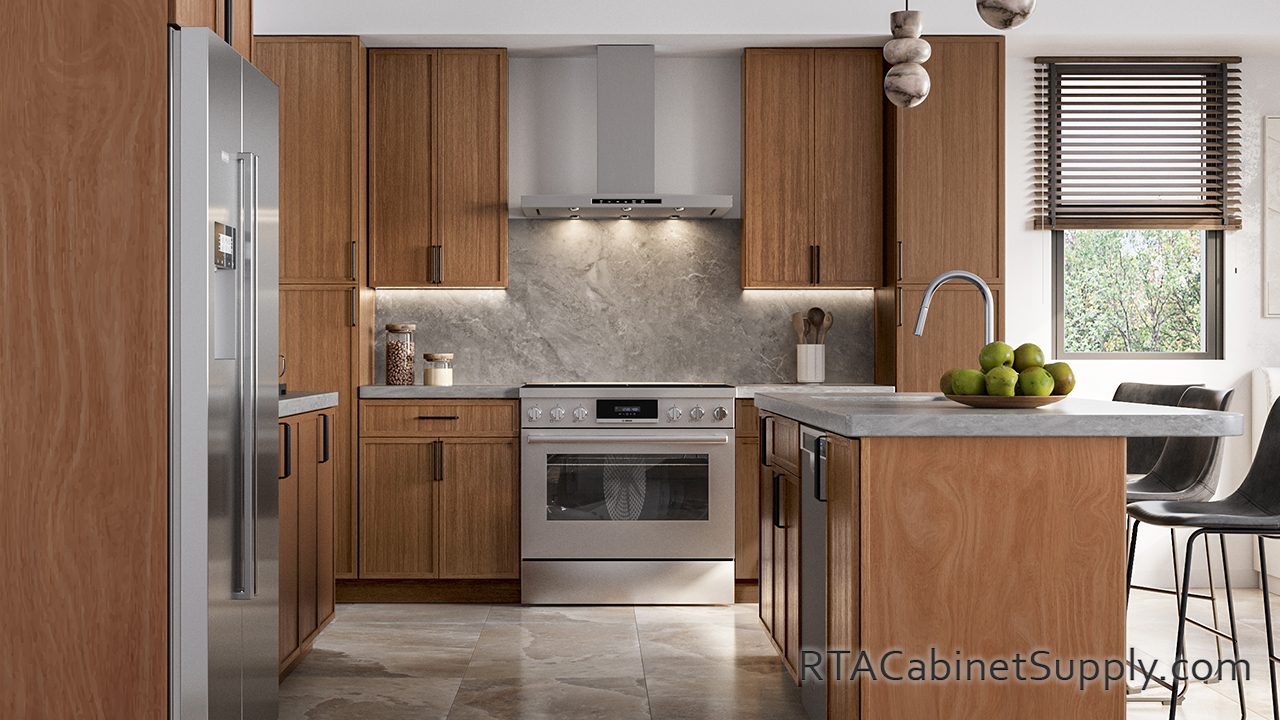 York Slim Sand Shaker kitchen front view with a pantry cabinet.