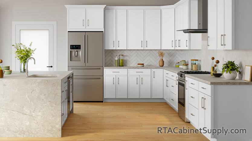 York Slim White Shaker kitchen angle view with an island.