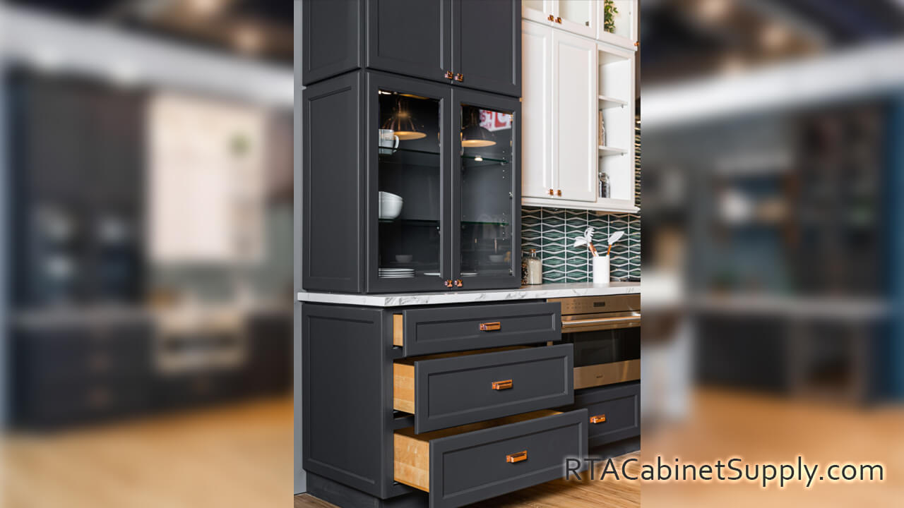 Hanover Charcoal kitchen with glass door cabinets angle view.