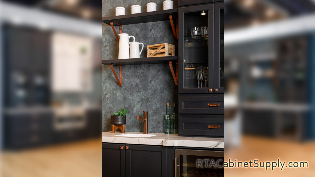 Hanover Charcoal kitchen close up view with open shelves and a glass door cabinet.