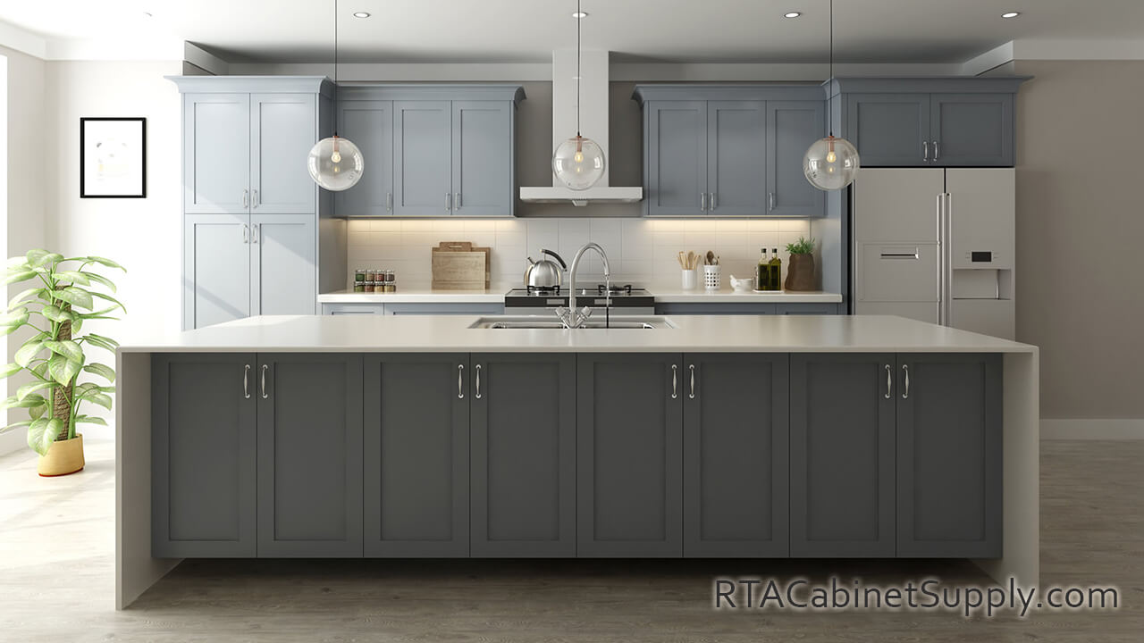 Madison Grey Shaker kitchen full view with an island, wall and base cabinets, pantry and a fridge.