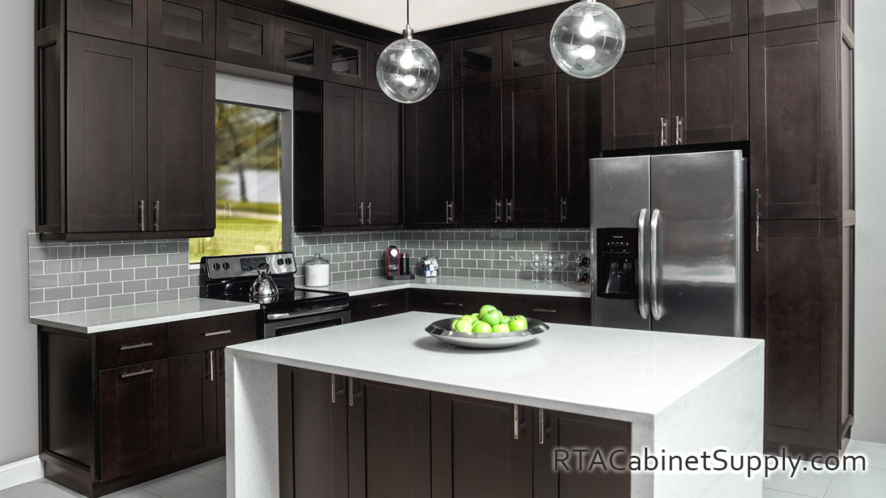 Midnight Espresso kitchen angle view with an island.