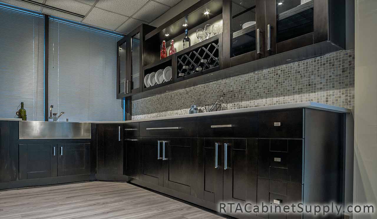 Anchester Espresso kitchen angle view with wall and base cabinets.