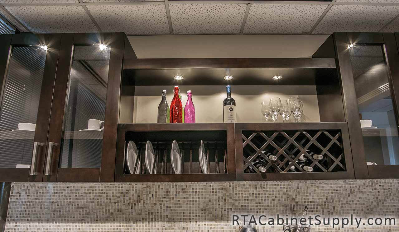 Anchester Espresso kitchen close up view with wall cabinets and a wine rack cabinet.