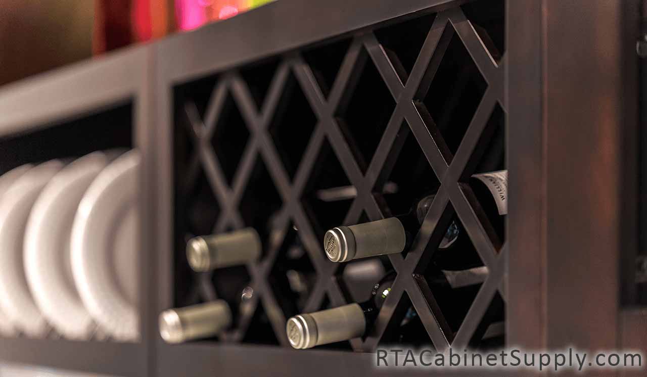 Anchester Espresso kitchen close up view with a wine rack cabinet.