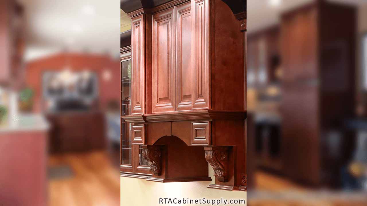 Milan Sangria kitchen angle view with wall cabinets.