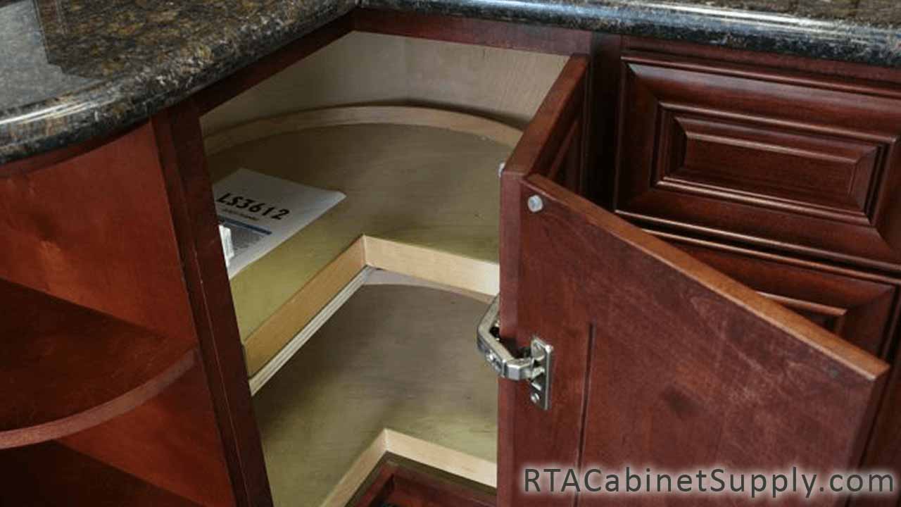 Milan Sangria kitchen close up view with a Lazy Susan cabinet.