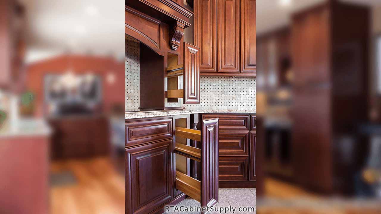 Milan Sangria kitchen close up view with open cabinets.