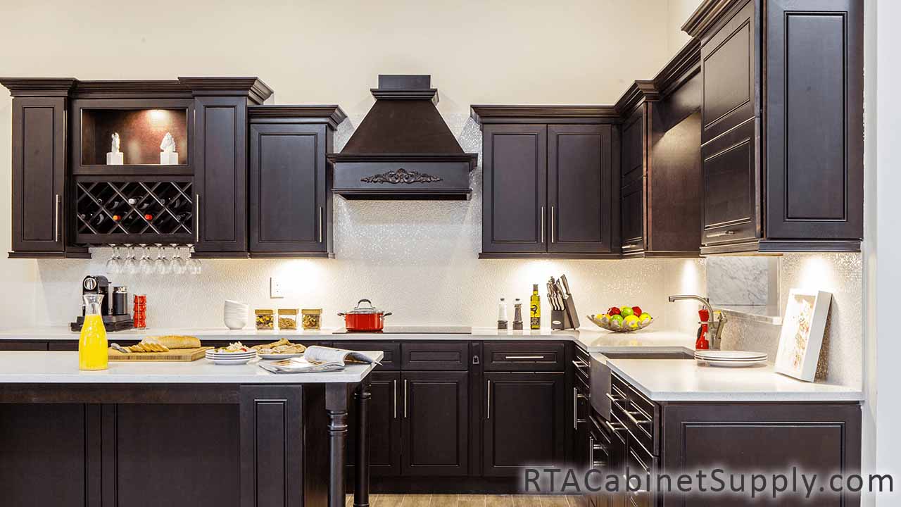 Modern Espresso kitchen full view with an island, a wine rack cabinet, wall and base cabinets.