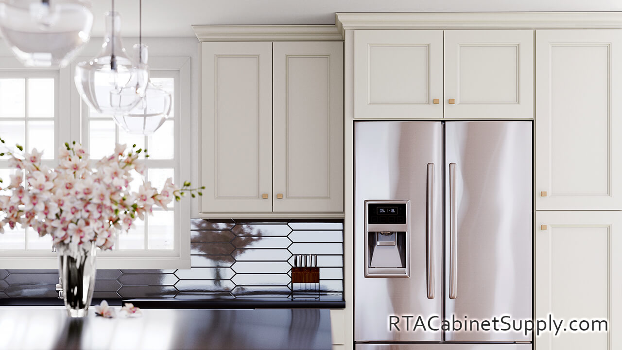 Bristol Cream Glaze kitchen close up view with wall cabinets and a pantry.