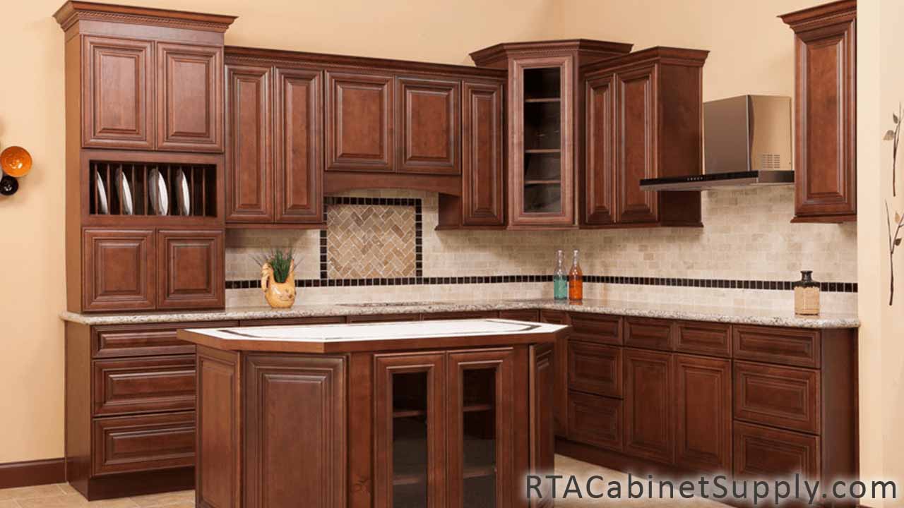Charleston Cappuccino Cabinet Line kitchen full view with an island, wall and base cabinets.