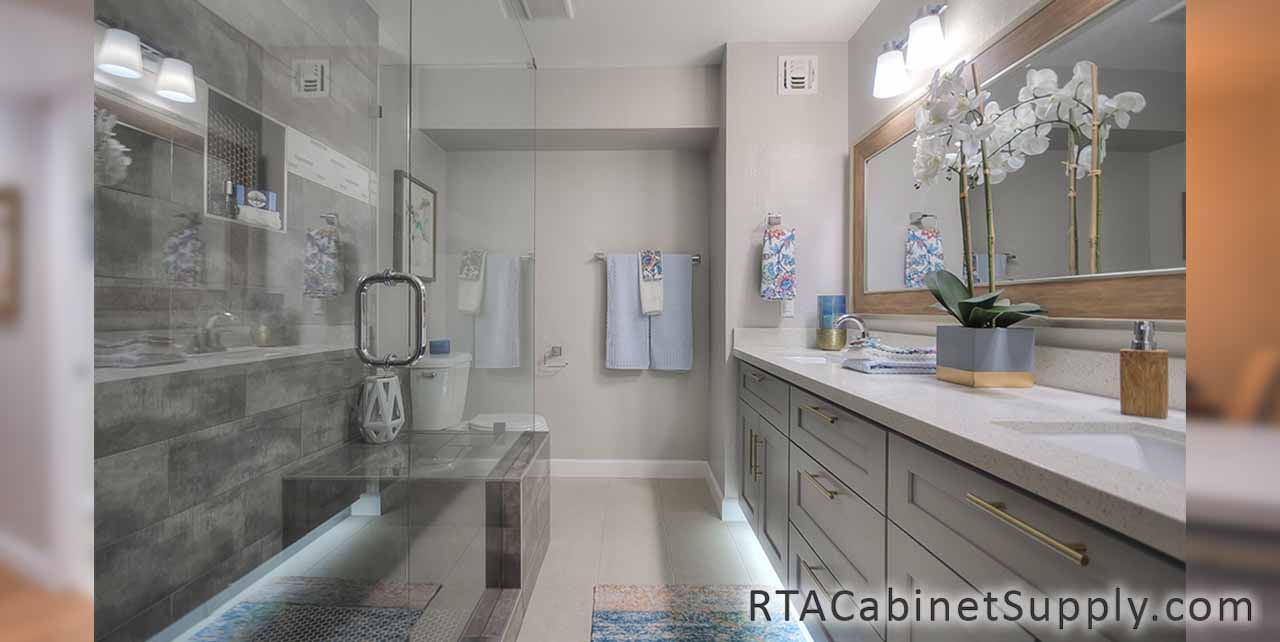 Classic Grey Shaker bathroom full view with a mirror and base cabinets.