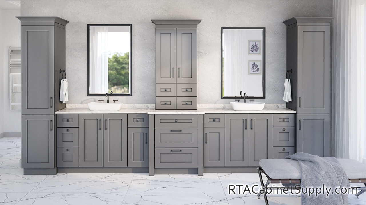 Classic Grey Shaker bathroom full view with two mirrors, pantry cabinets, wall and base cabinets.