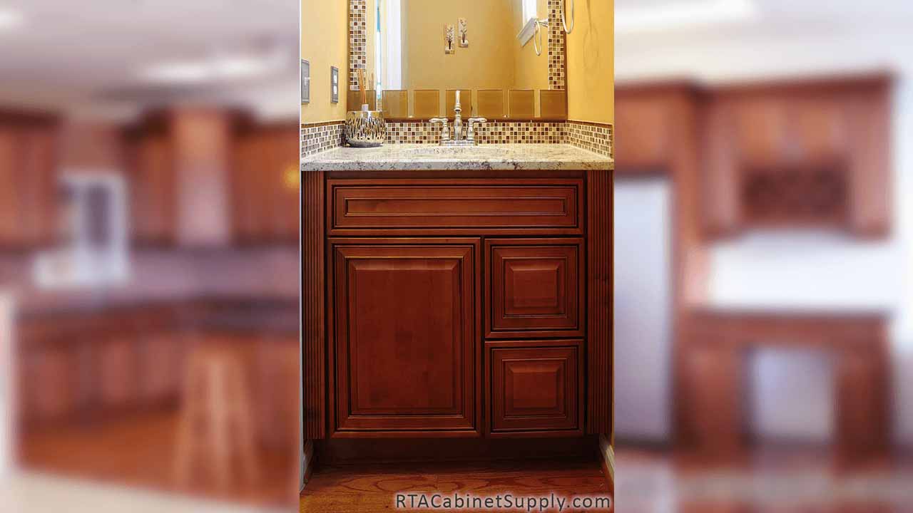 Coventry Toffee Glaze bathroom close up view with a mirror and base cabinets.
