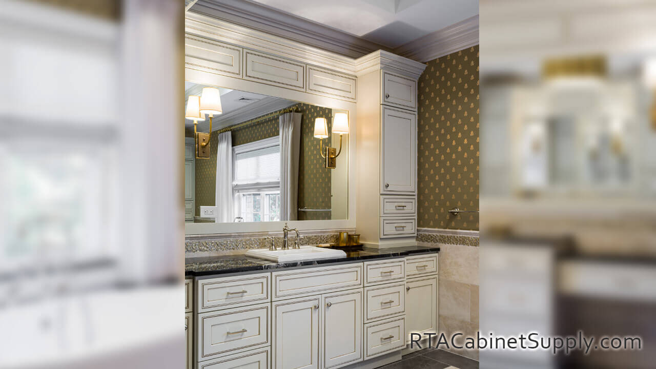 Dark Cream Glaze bathroom angle view with a mirror, lighting, wall and base cabinets.
