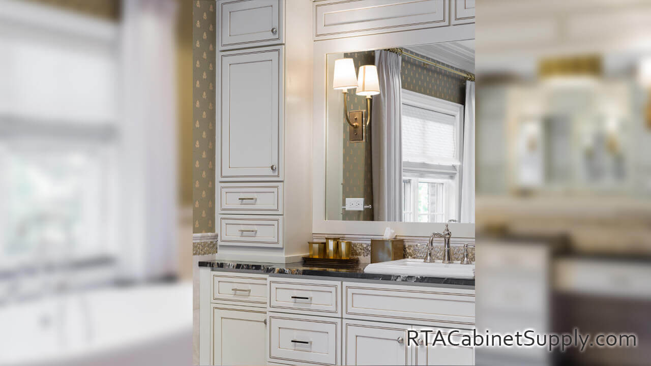 Dark Cream Glaze bathroom angle view with a mirror, pantry cabinet and base cabinets.