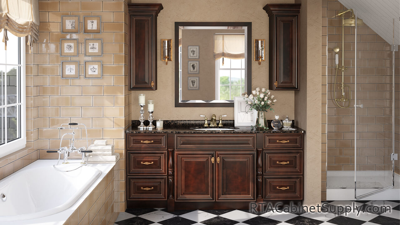Edinburgh Espresso bathroom full view with a mirror, a sink, wall and base cabinets.