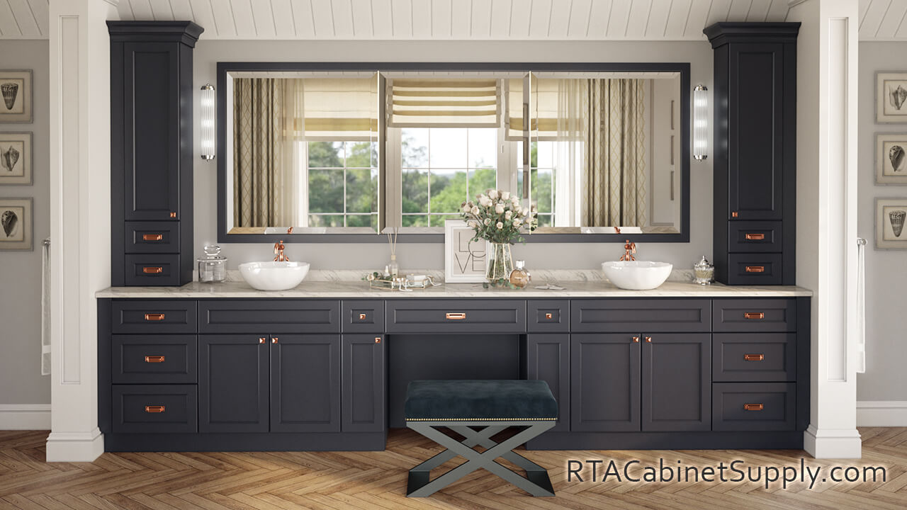 Hanover Charcoal bathroom full view with a mirror, two sinks, wall and base cabinets.