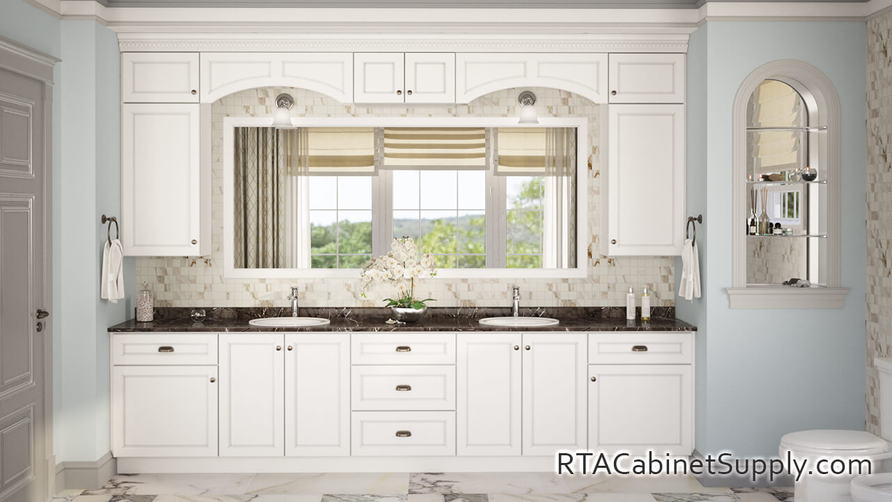 Hanover Dove bathroom full view with a mirror, two sinks, wall and base cabinets.