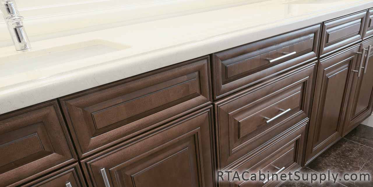 Jackson Chocolate bathroom close up view with base cabinets.