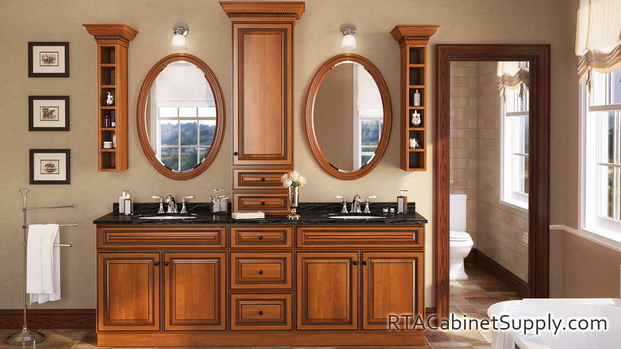 Merlot Rope bathroom full view with two mirrors, two sinks, wall and base cabinets.