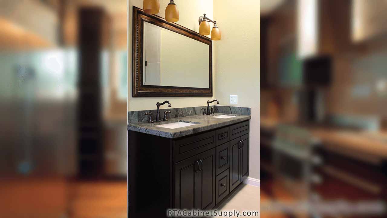 Modern Espresso bathroom close up view with lighting, two sinks, a mirror and base cabinets.