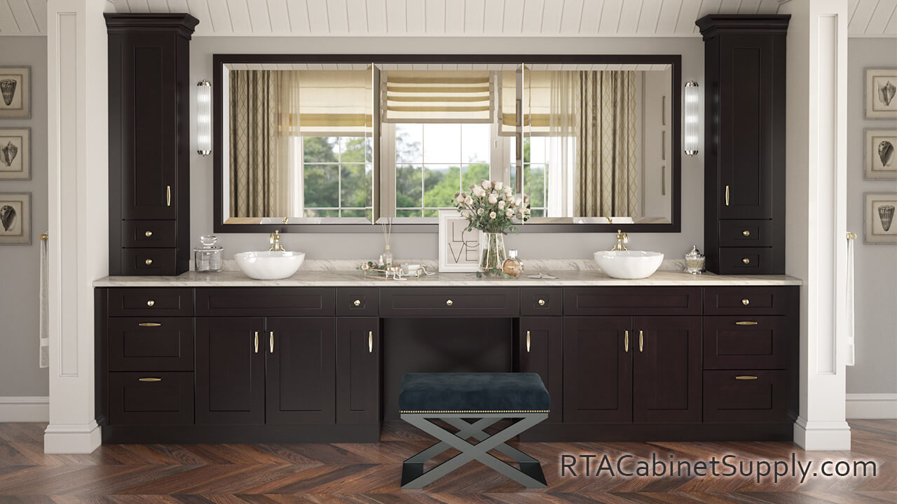 Newport Espresso Shaker bathroom full view with two sinks, a mirror and base cabinets.