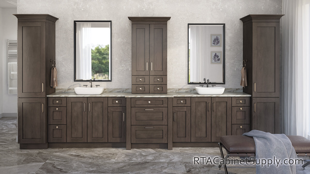 Newport Smoke Shaker bathroom full view with two sinks, two mirrors, pantry cabinets and base cabinets.