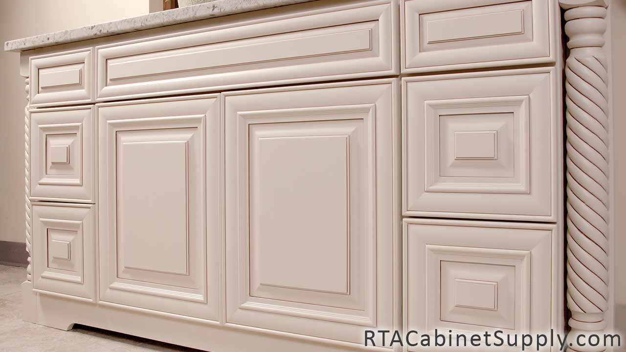 Belfast Cream Glaze bathroom close up angle view with base cabinets.