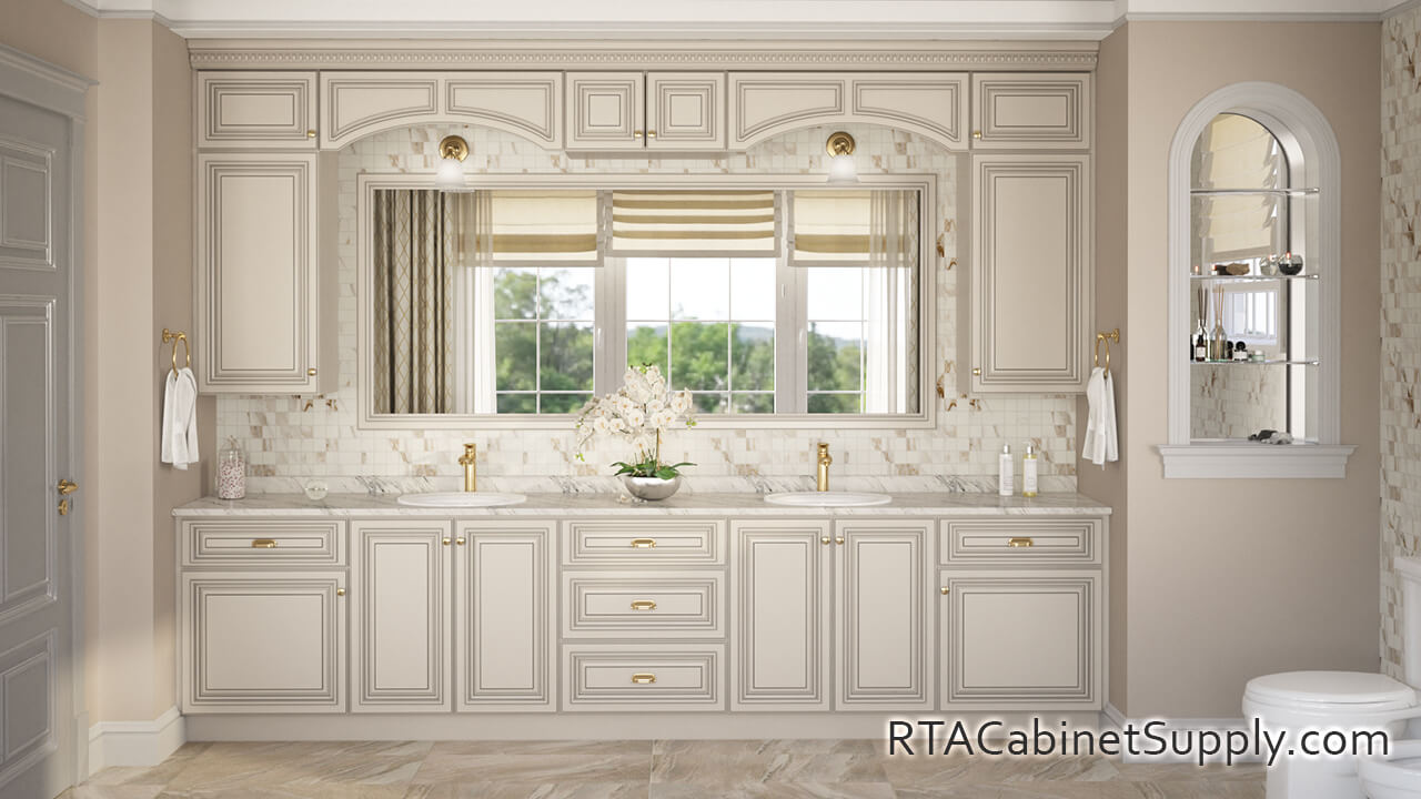 Pearl Glaze bathroom full view with lighting, two sinks, a mirror, wall and base cabinets.