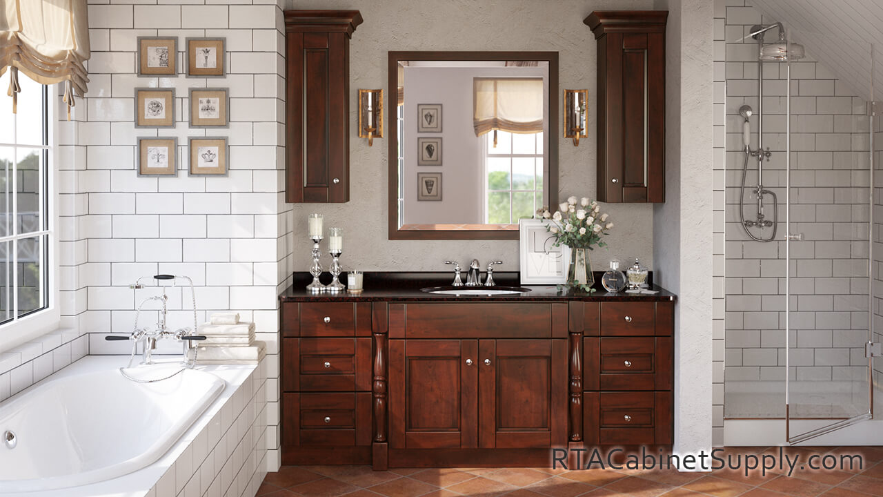 Walnut Shaker bathroom full view with a bathtub, a sink, a mirror, wall and base cabinets.