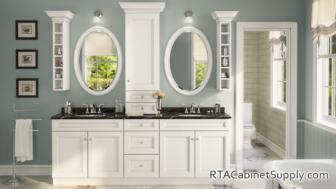 Bristol White bathroom full view with two mirrors, two sinks, wall and base cabinets.