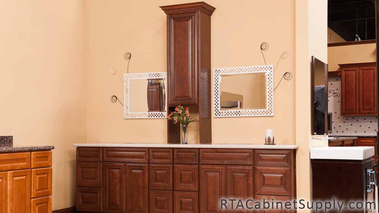 Charleston Cappuccino bathroom full view with two mirrors and base cabinets.