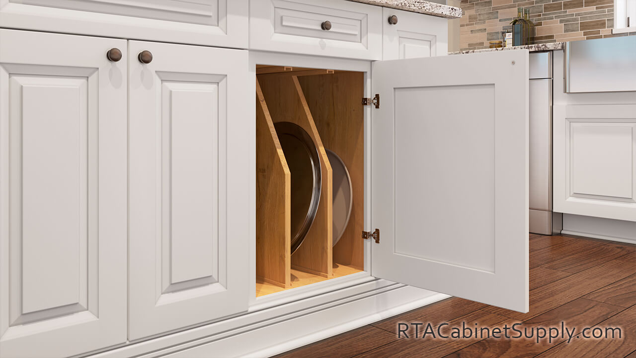 Newtown White kitchen close up view with base cabinets.