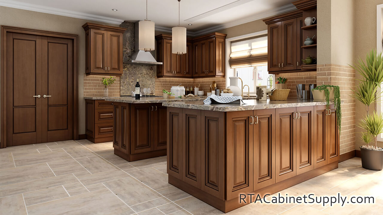 Nutmeg Modern kitchen angle view with an island, lighting, open shelving, wall and base cabinets.