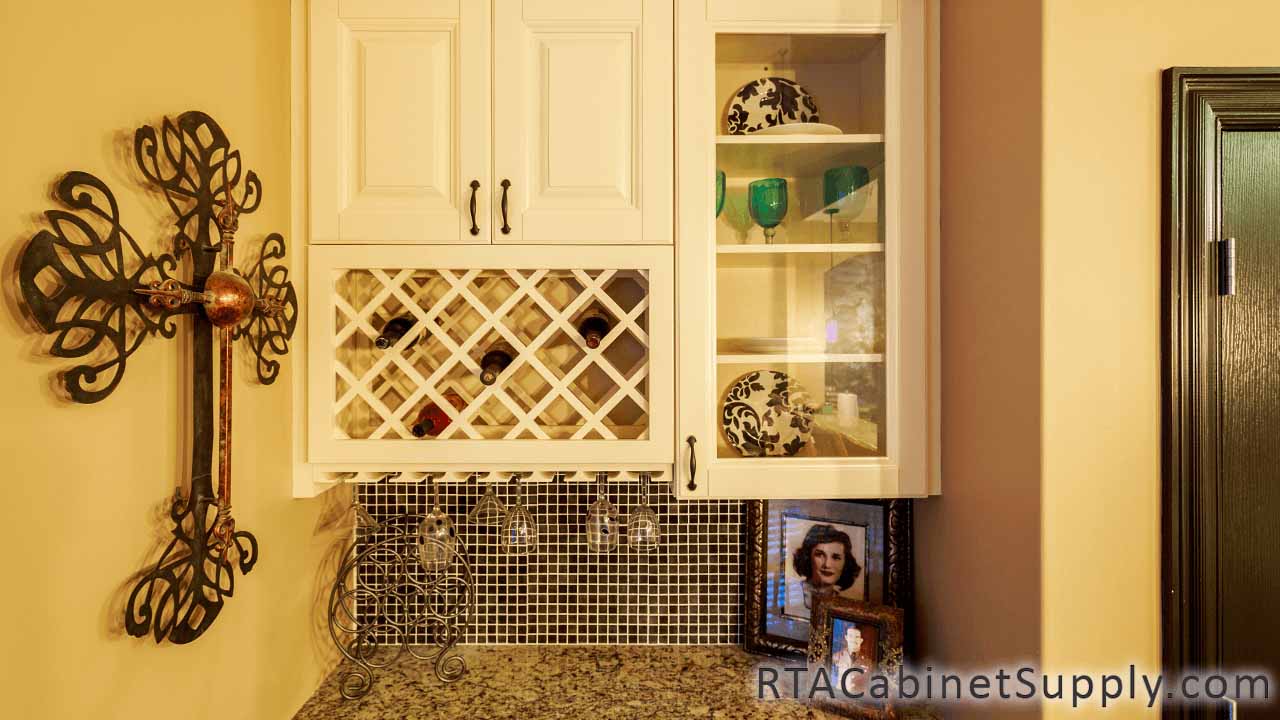 Oxfrord Cream kitchen close up view with a wine rack wall cabinet.