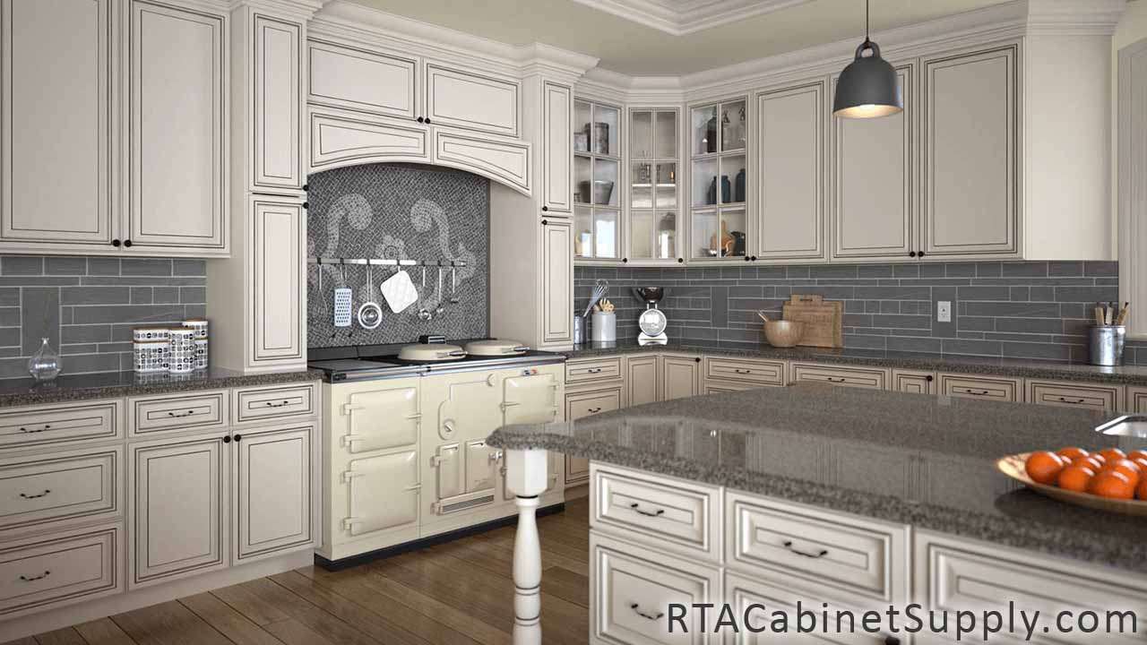 Pearl Glaze kitchen full angle view with an island, a countertop, a range hood cover, glass door cabinets, lighting, wall and base cabinets.