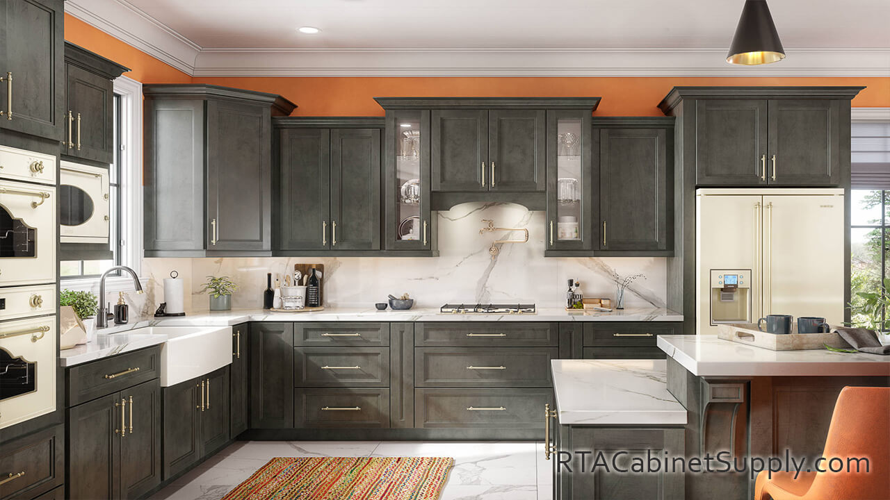 Preston Dark kitchen full view with glass door cabinets, an island, a countertop, a fridge, lighting, wall and base cabinets.