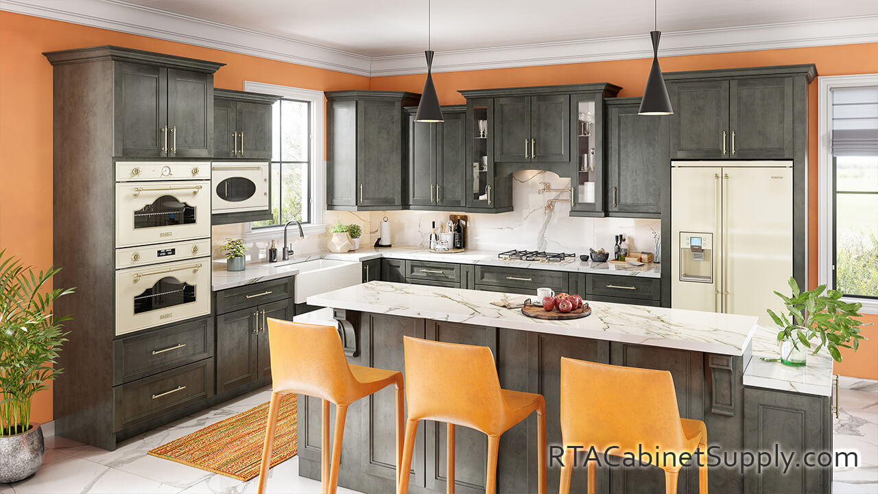 Preston Dark kitchen angle view with an island, lighting, chairs, wall and base cabinets.