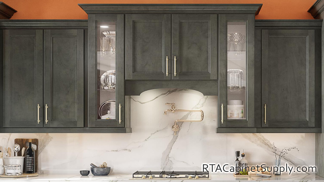 Preston Dark kitchen close up view with glass door cabinets and wall cabinets.