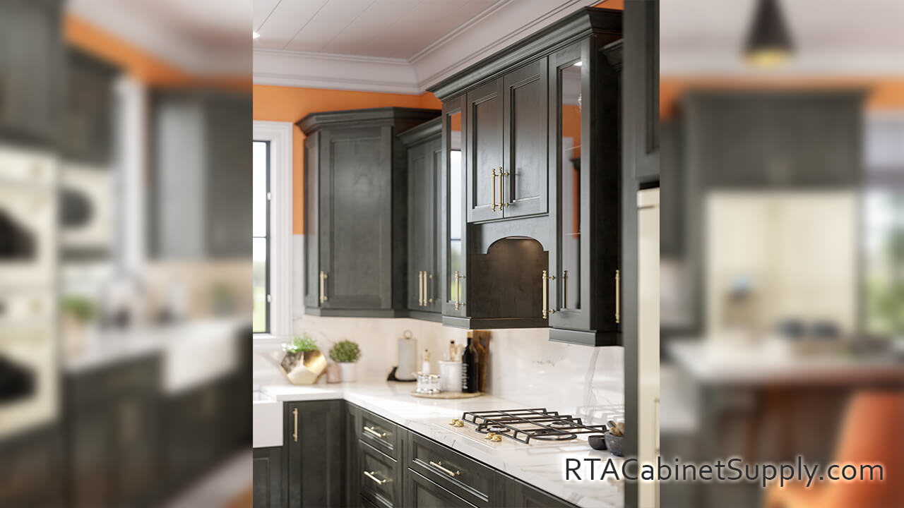 Preston Dark kitchen angle view with a countertop, glass door cabinets, wall and base cabinets.