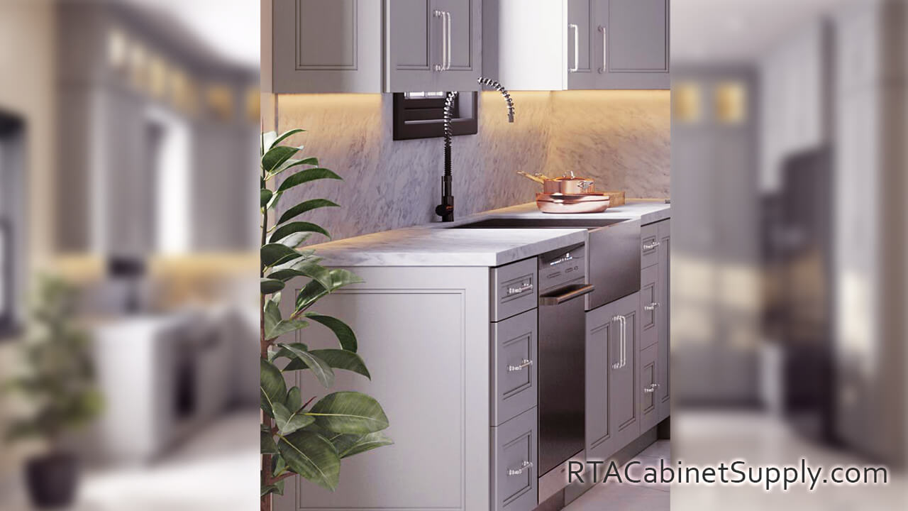 Preston Grey kitchen close up angle view with base cabinets.