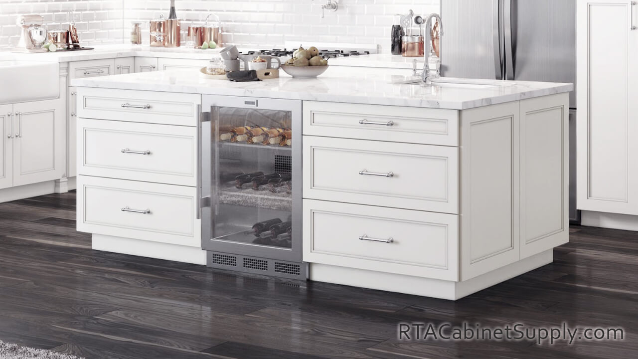 Preston White kitchen close up angle view with an island.